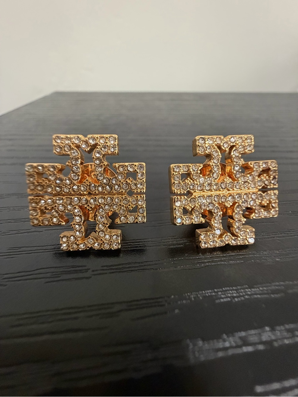 Tory Burch Gold Crystal Logo Stud Earrings